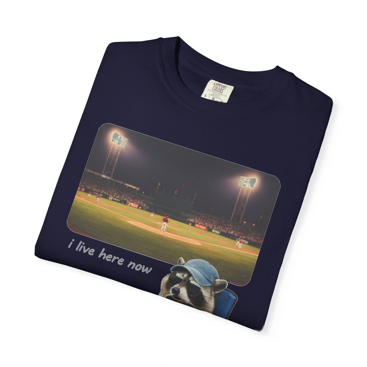 I Live Here Now Ballpark Raccoon Shirt, Funny Baseball Parent Tee, Camp Chair Raccoon Shirt, Sports Mom Gift