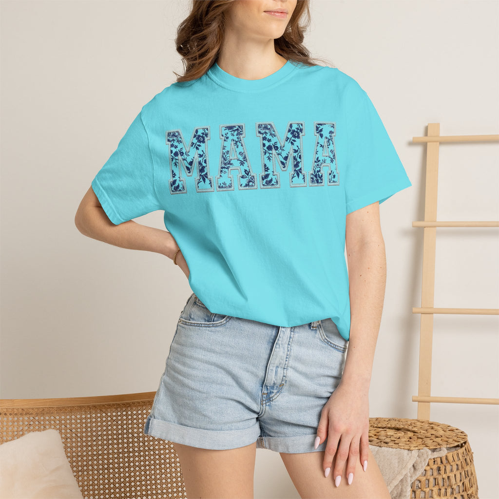 Mama Blue Toile Shirt, Delft Floral Applique Varsity Tee, Chinoiserie Mom Shirt, Mothers Day Gift