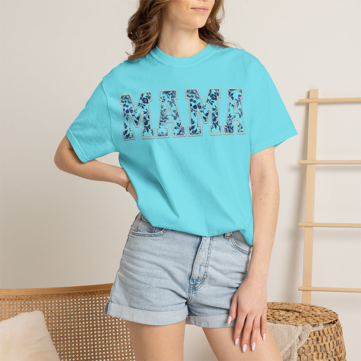 Mama Blue Toile Shirt, Delft Floral Applique Varsity Tee, Chinoiserie Mom Shirt, Mothers Day Gift