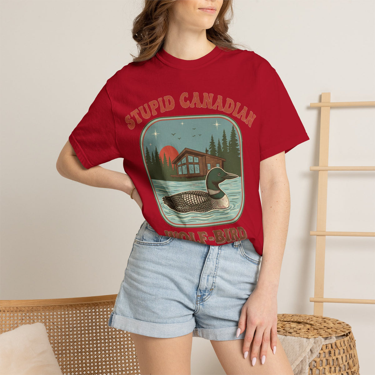 Stupid Canadian Wolf-Bird Arched Shirt, Retro Loon Sunset Badge Tee, Funny Lake Shirt, Cabin Gift