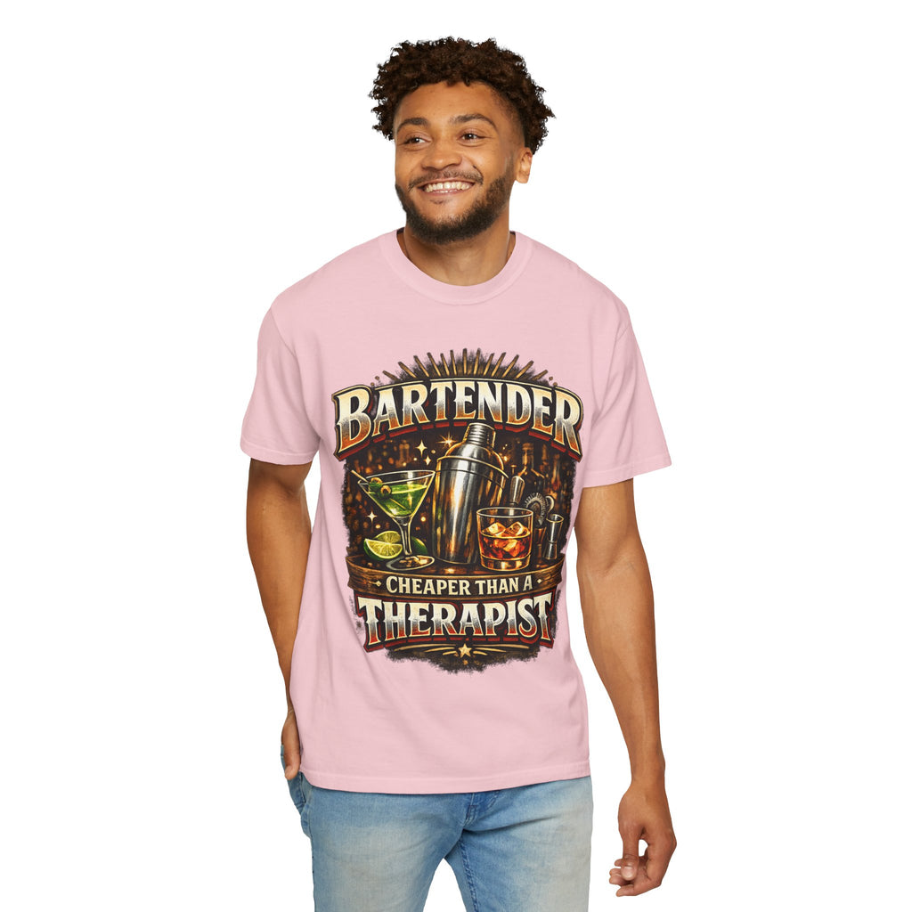 Bartender T-Shirt — "Bartender: Cheaper Than a Therapist" Vintage Bar Graphic Tee