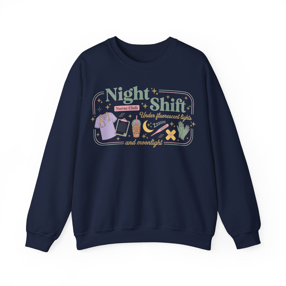 Night Shift Nurse Club Sweatshirt, Under Fluorescent Lights And Moonlight Sweatshirt, Retro Nurse Gift, Night Nurse Scrubs Doodle Sweatshirt