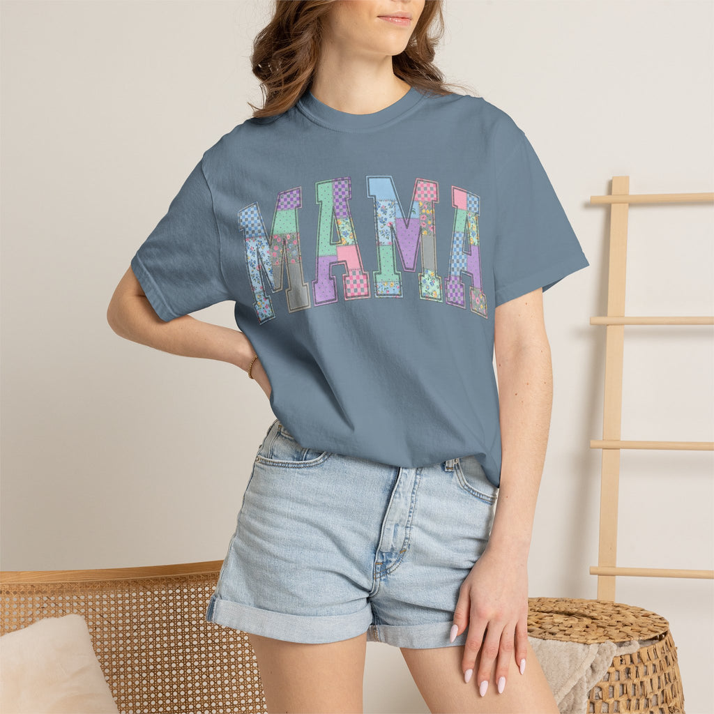 Mama Arched Patchwork Shirt, Pastel Quilt Letter Tee, Cottagecore Mom Shirt, Mothers Day Gift