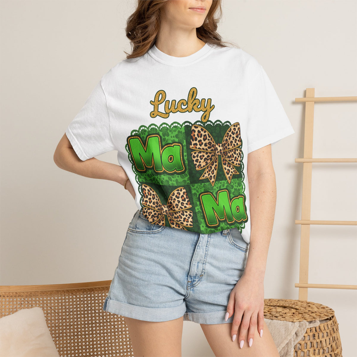 Lucky Mama Quad Shirt, Shamrock Leopard Bow Tee, St Patricks Day Mom Shirt, Irish Mama Gift