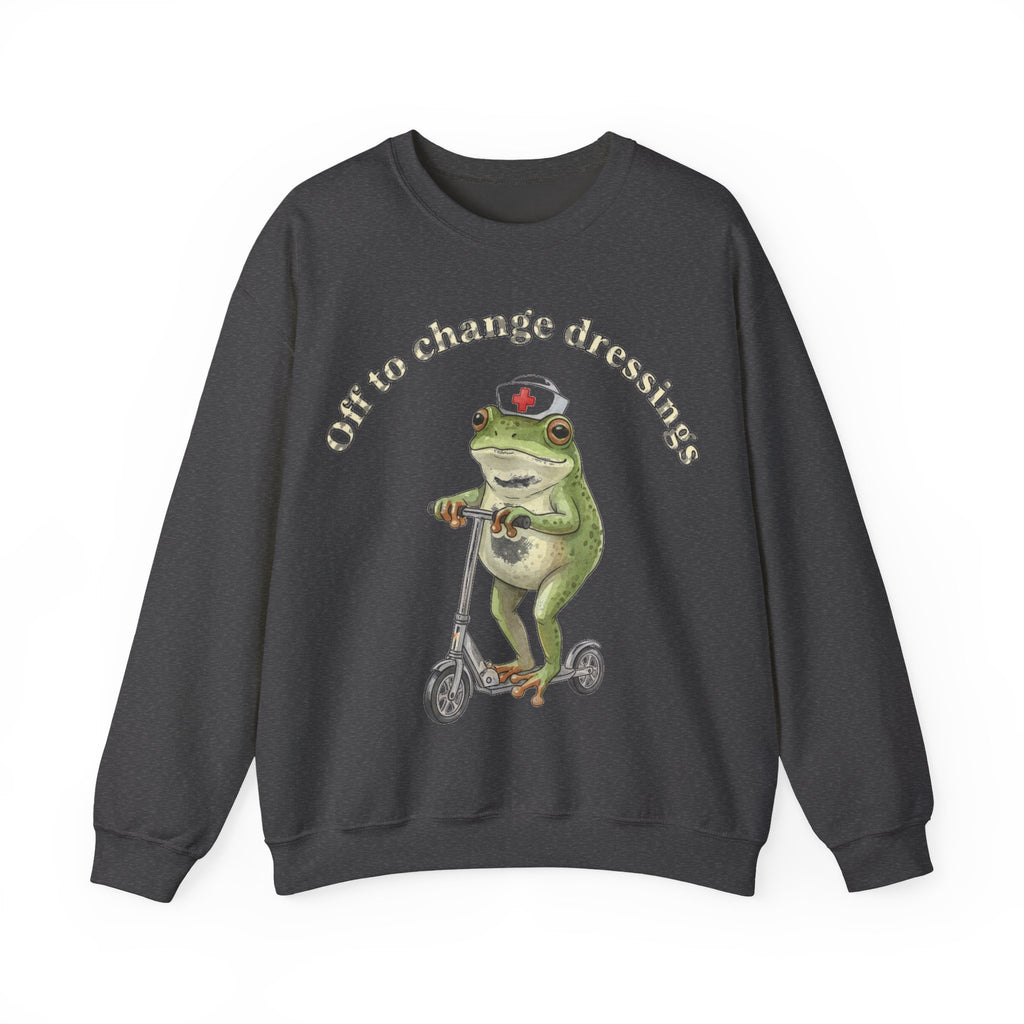 Off To Change Dressings Frog Nurse Sweatshirt, Wound Care Nurse Sweatshirt, Funny Frog Scooter Nurse Gift, Vintage RN Humor Sweatshirt, Scru