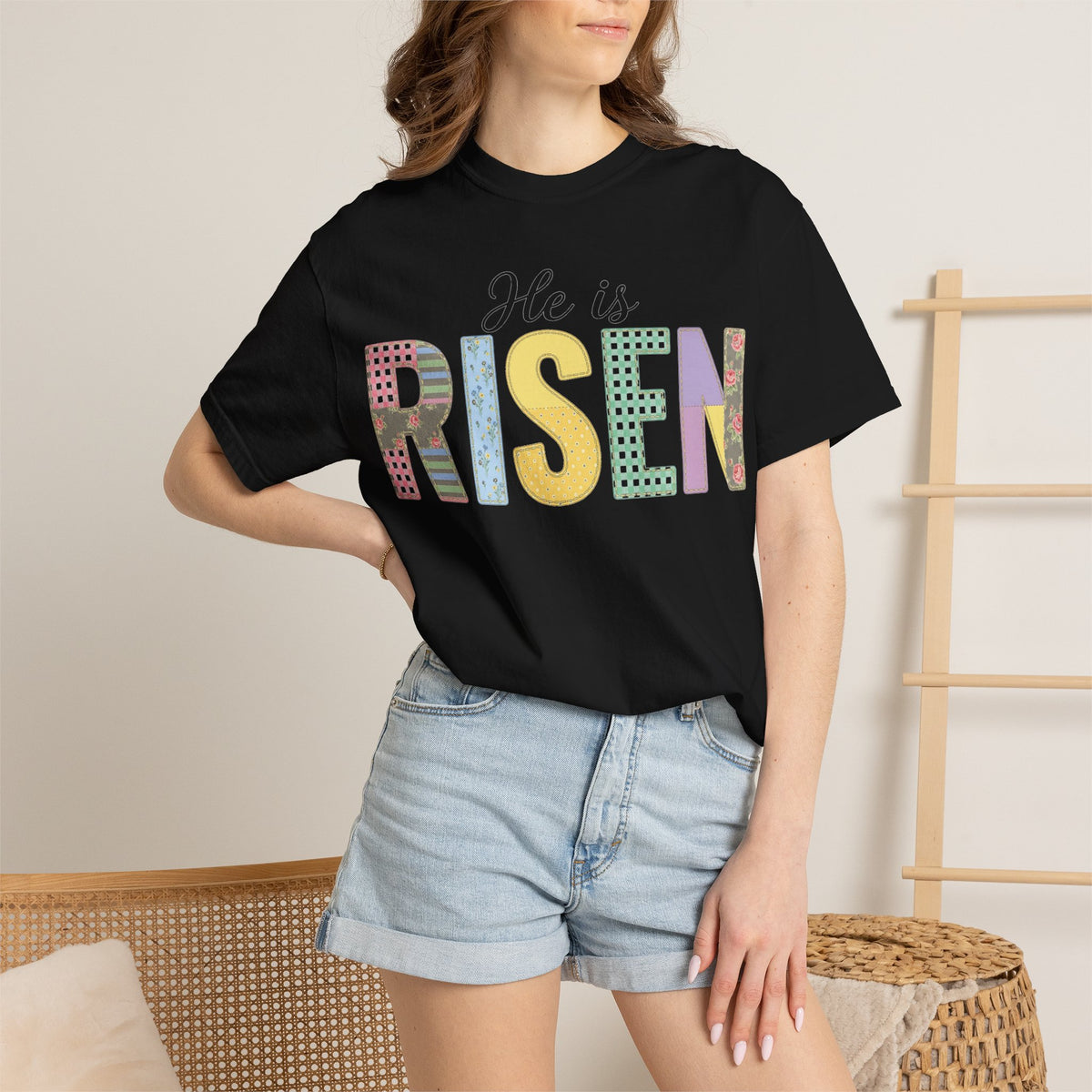 He Is Risen Patchwork Shirt, Faux Applique Easter Tee, Gingham Floral Christian Shirt, Easter Gift