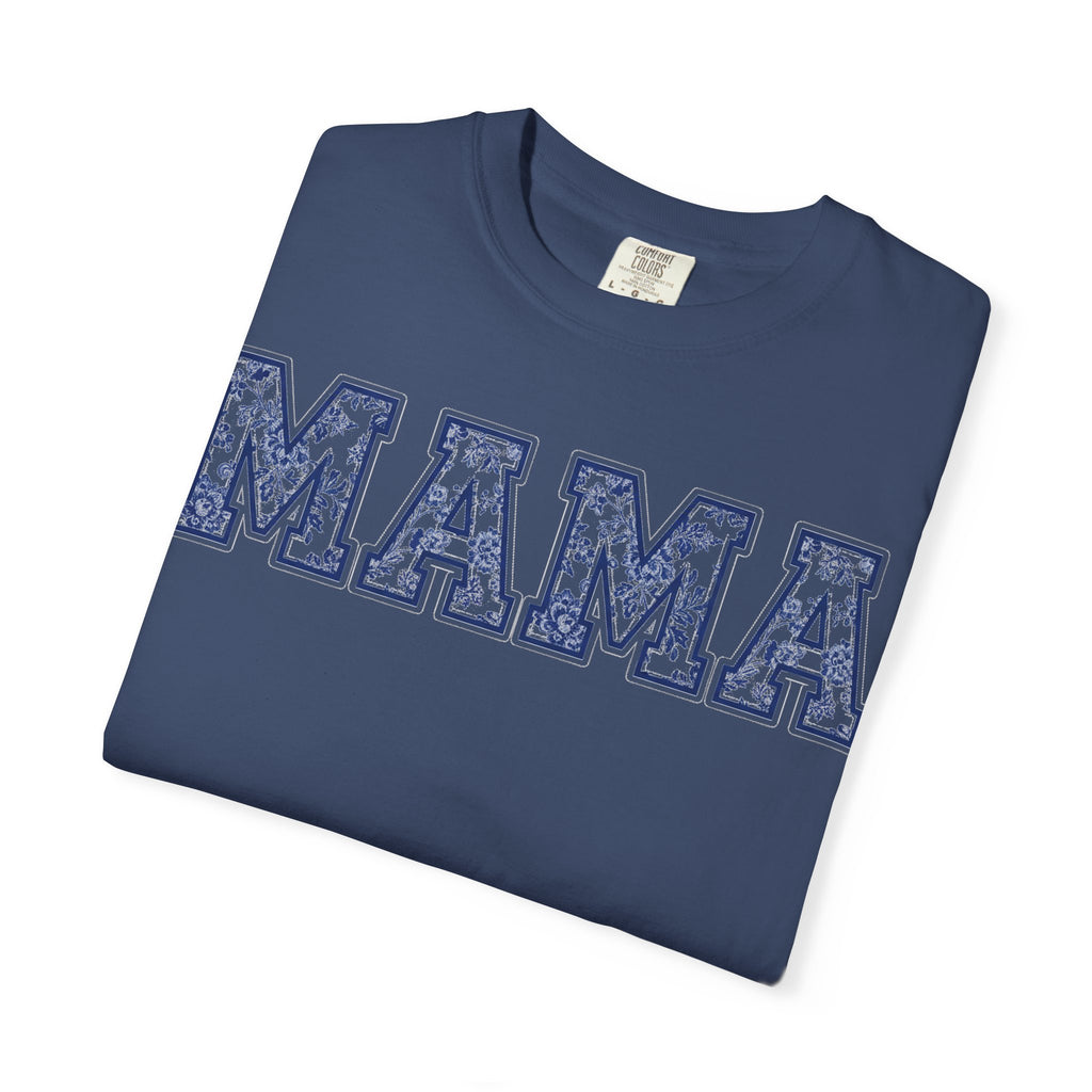 Mama Delft Blue Floral Shirt, Toile Varsity Applique Tee, Grandmillennial Mom Shirt, Mothers Day Gift