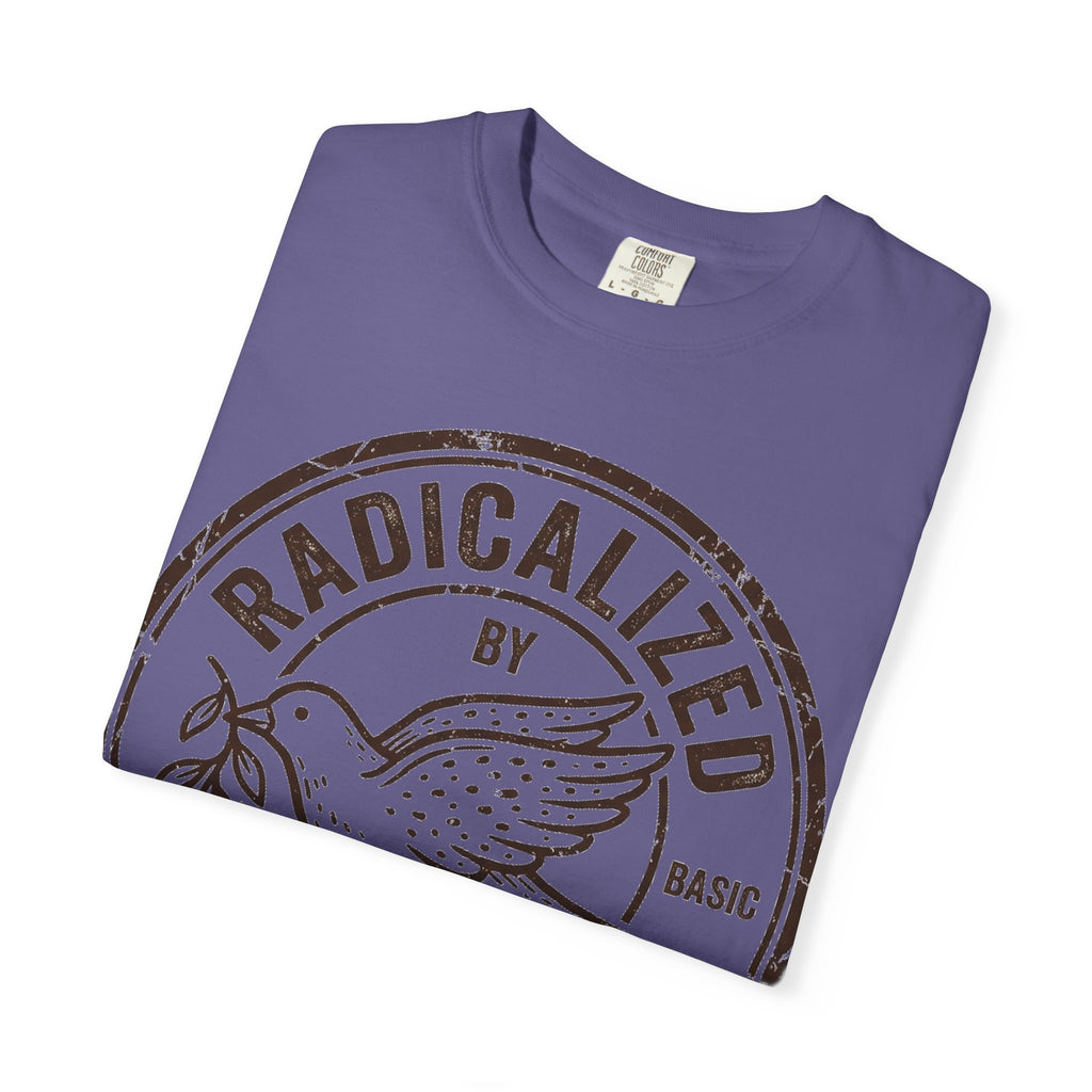 Radicalized By Basic Decency Brown Stamp Shirt, Flying Dove Badge Tee, Kindness Activist Shirt, Ally Gift