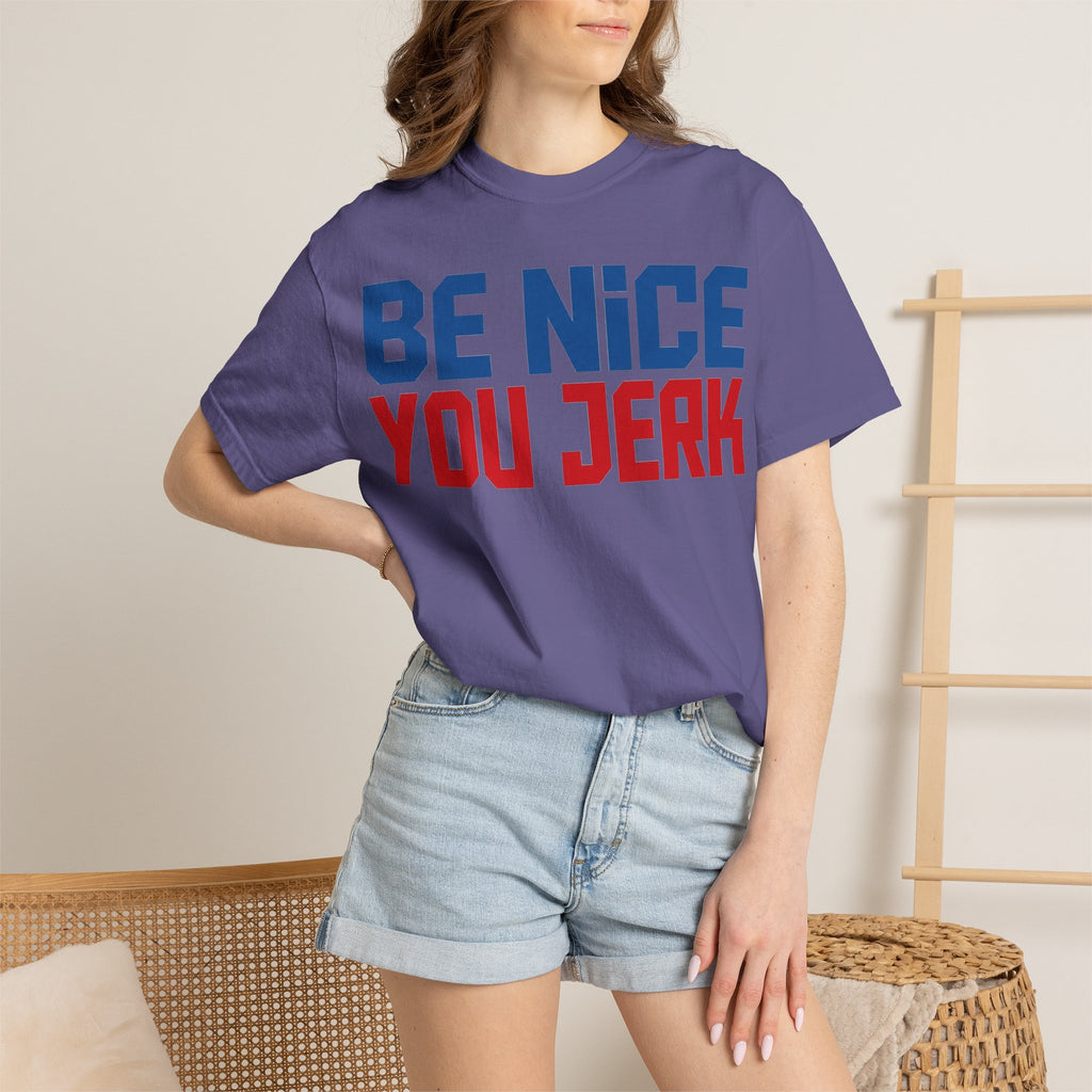Be Nice You Jerk Condensed Shirt, Funny Snarky Quote Tee, Red And Blue Type Shirt, Sarcastic Gift