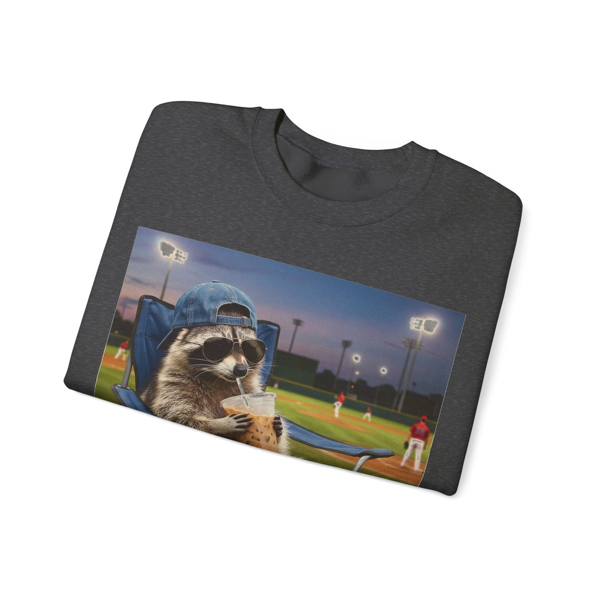 I Live Here Now Raccoon Baseball Sweatshirt, Funny Baseball Mom Sweatshirt, Raccoon Camp Chair Stadium Sweatshirt, Travel Ball Parent Gift,