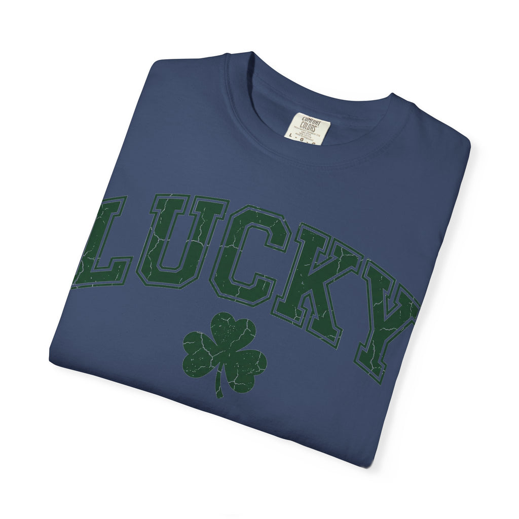 Lucky Shamrock Varsity Shirt, Distressed Green Clover Tee, St Patricks Day Collegiate Shirt, Irish Gift