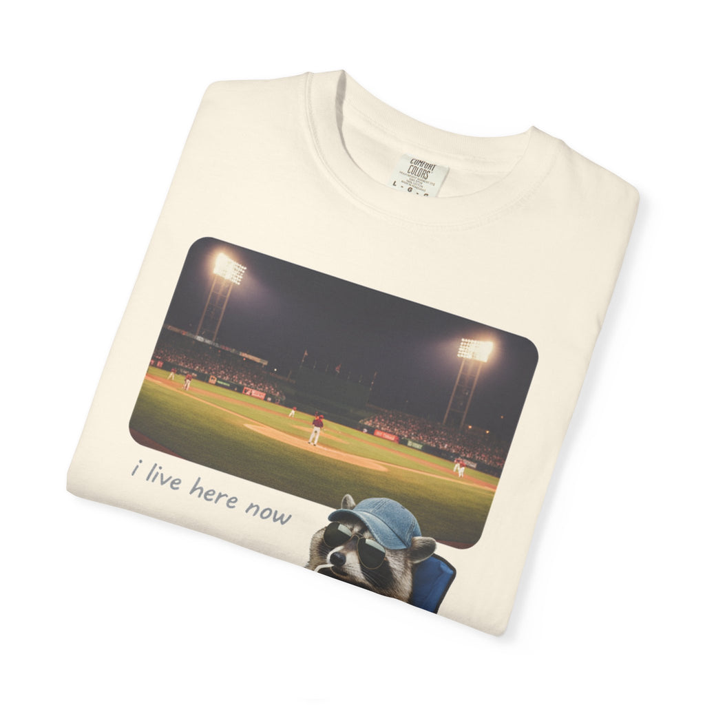 I Live Here Now Ballpark Raccoon Shirt, Funny Baseball Parent Tee, Camp Chair Raccoon Shirt, Sports Mom Gift