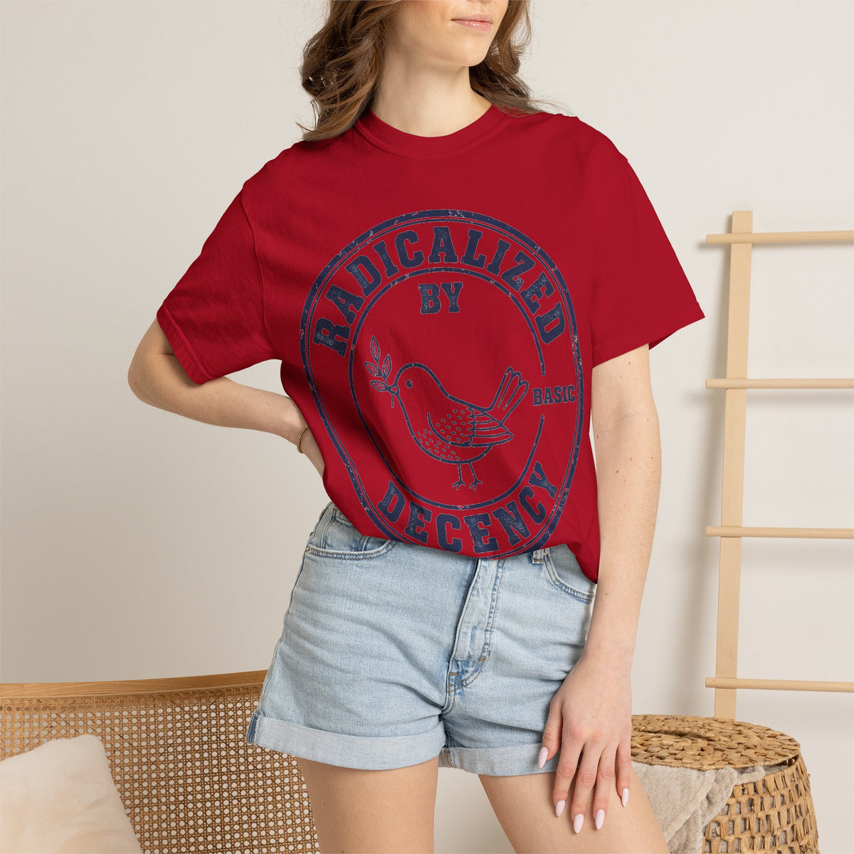 Radicalized By Basic Decency Navy Stamp Shirt, Line Art Dove Badge Tee, Kindness Protest Shirt, Activist Gift