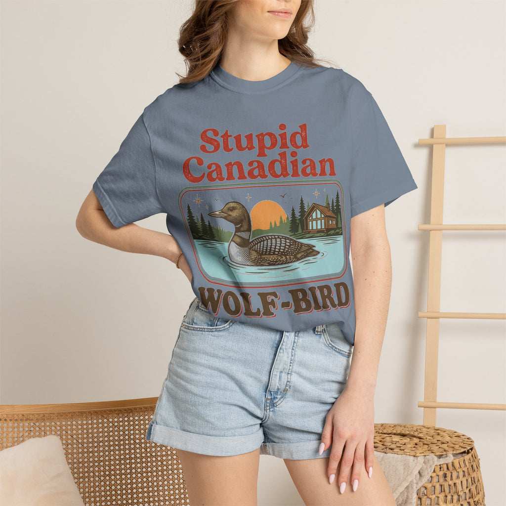 Stupid Canadian Wolf-Bird Classic Shirt, Loon Lake Scene Badge Tee, Funny Cabin Shirt, Lake Life Gift