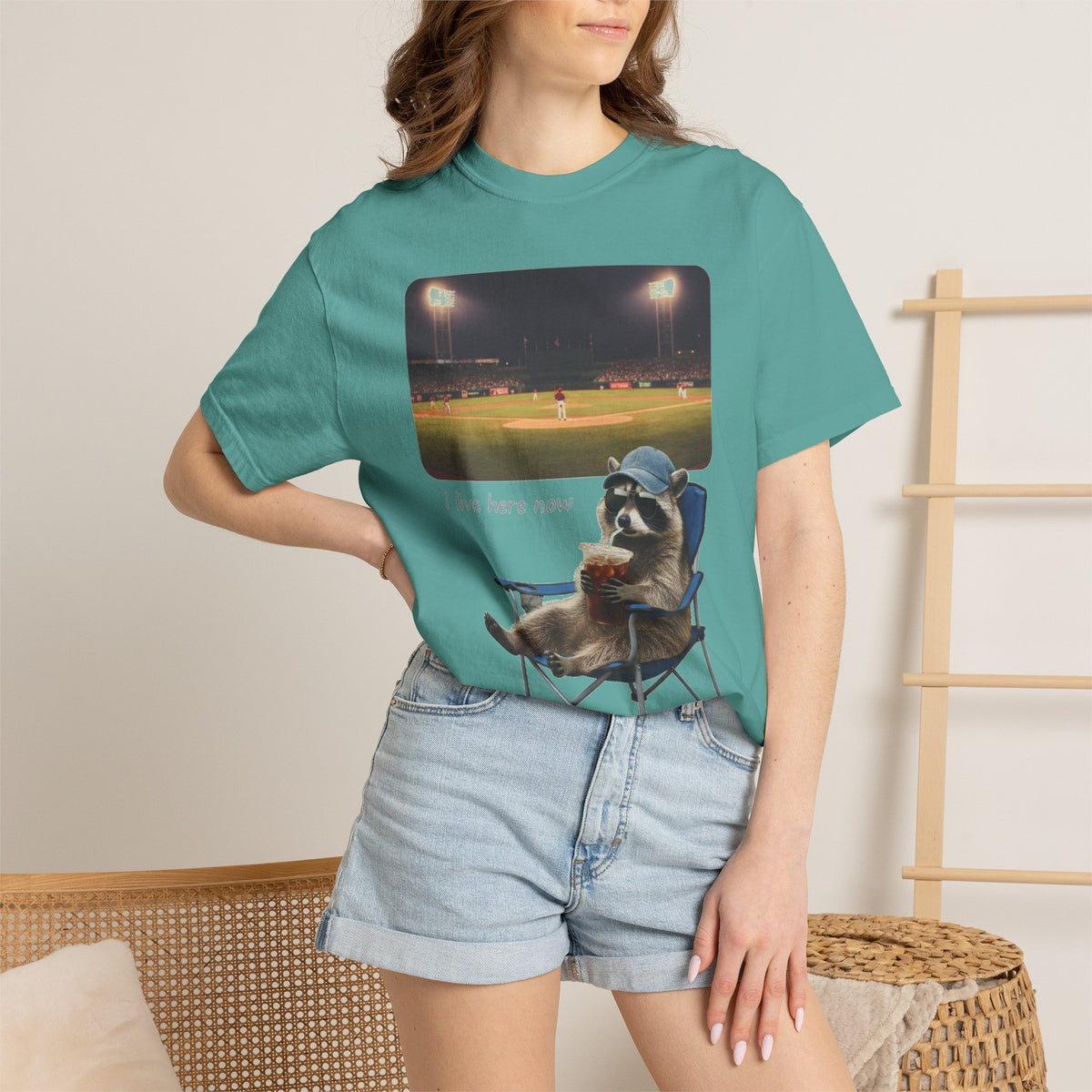 I Live Here Now Ballpark Raccoon Shirt, Funny Baseball Parent Tee, Camp Chair Raccoon Shirt, Sports Mom Gift