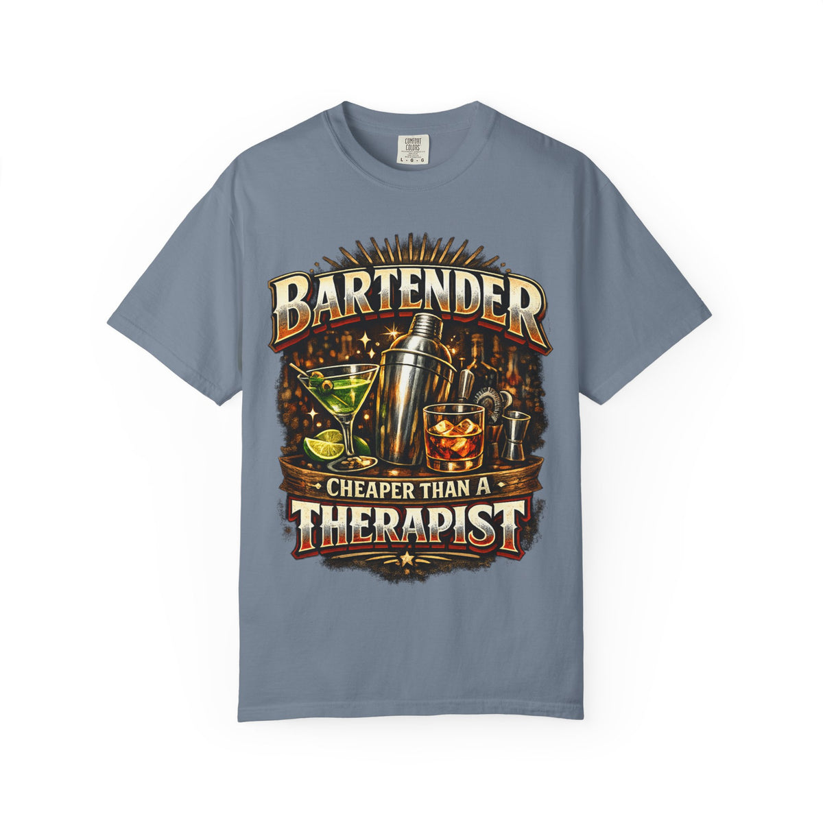 Bartender T-Shirt — "Bartender: Cheaper Than a Therapist" Vintage Bar Graphic Tee