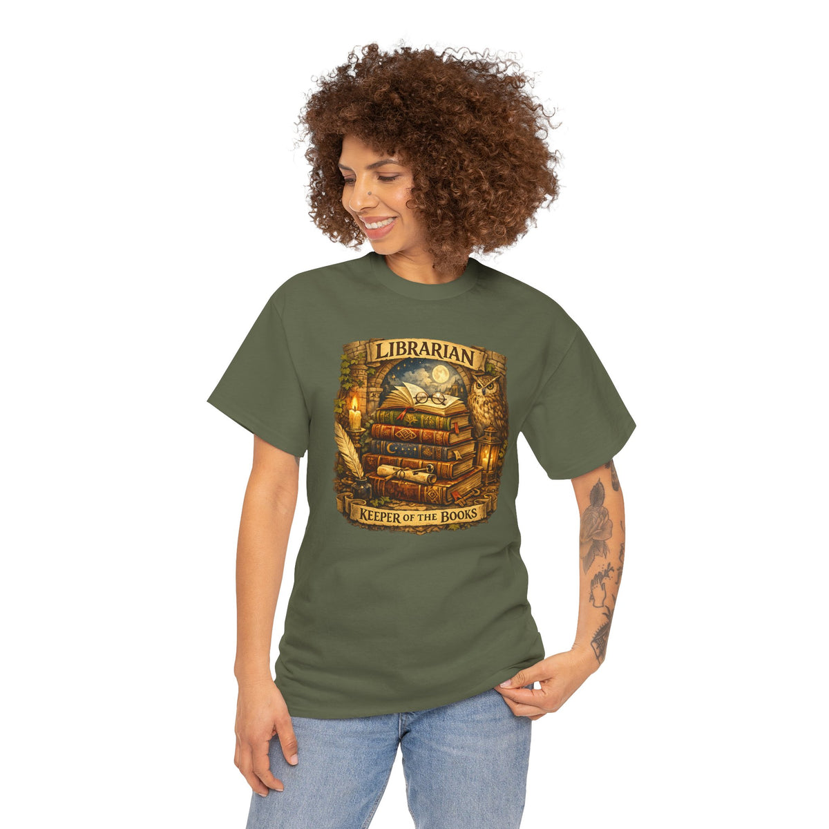Librarian 'Keeper of the Books' T-Shirt — Vintage Bookstack & Owl Graphic