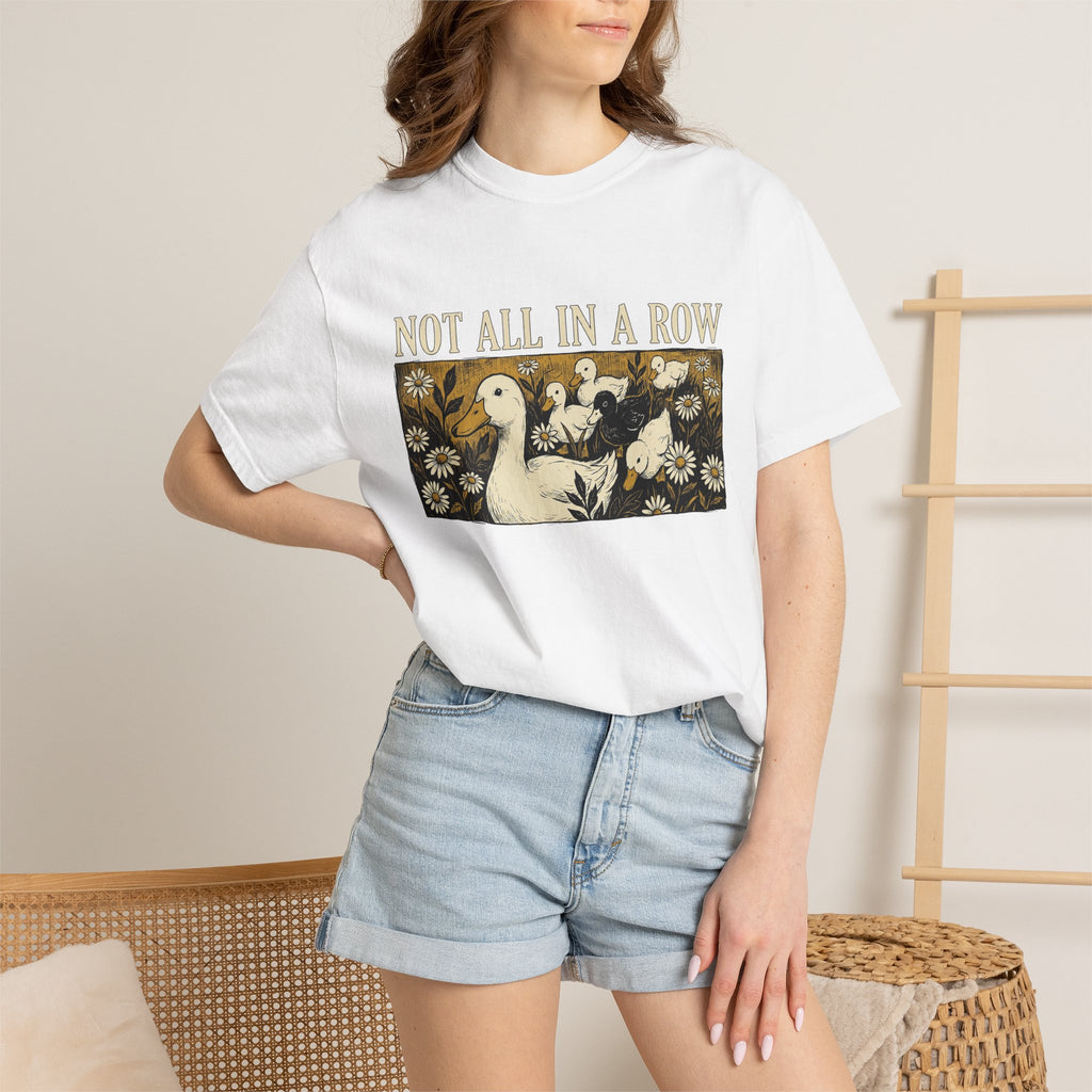 Not All In A Row Shirt, Woodcut Duck And Daisies Tee, Vintage Block Print Shirt, Funny Duck Gift