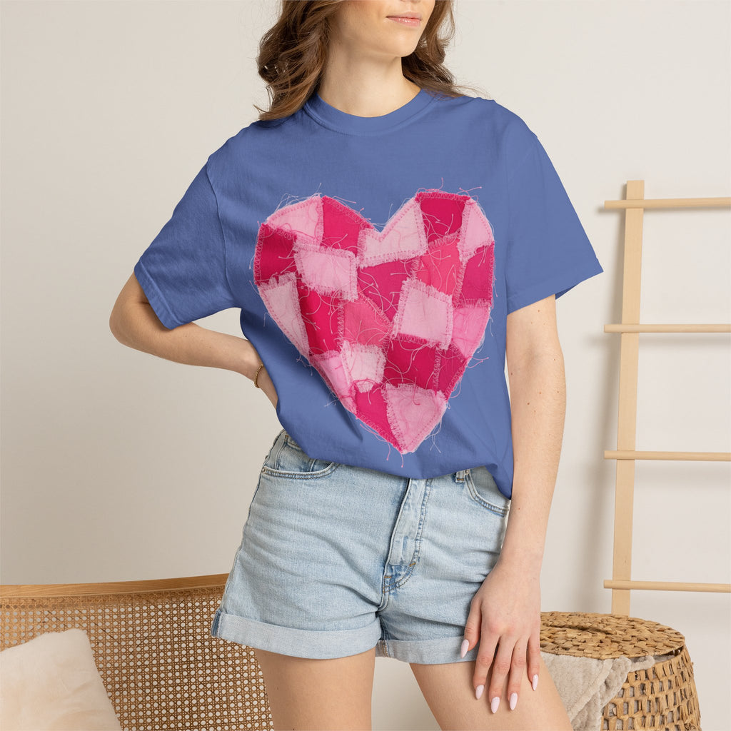 Hot Pink Patchwork Heart Shirt, Checkered Quilt Heart Tee, Frayed Applique Valentine Shirt, Gift For Her