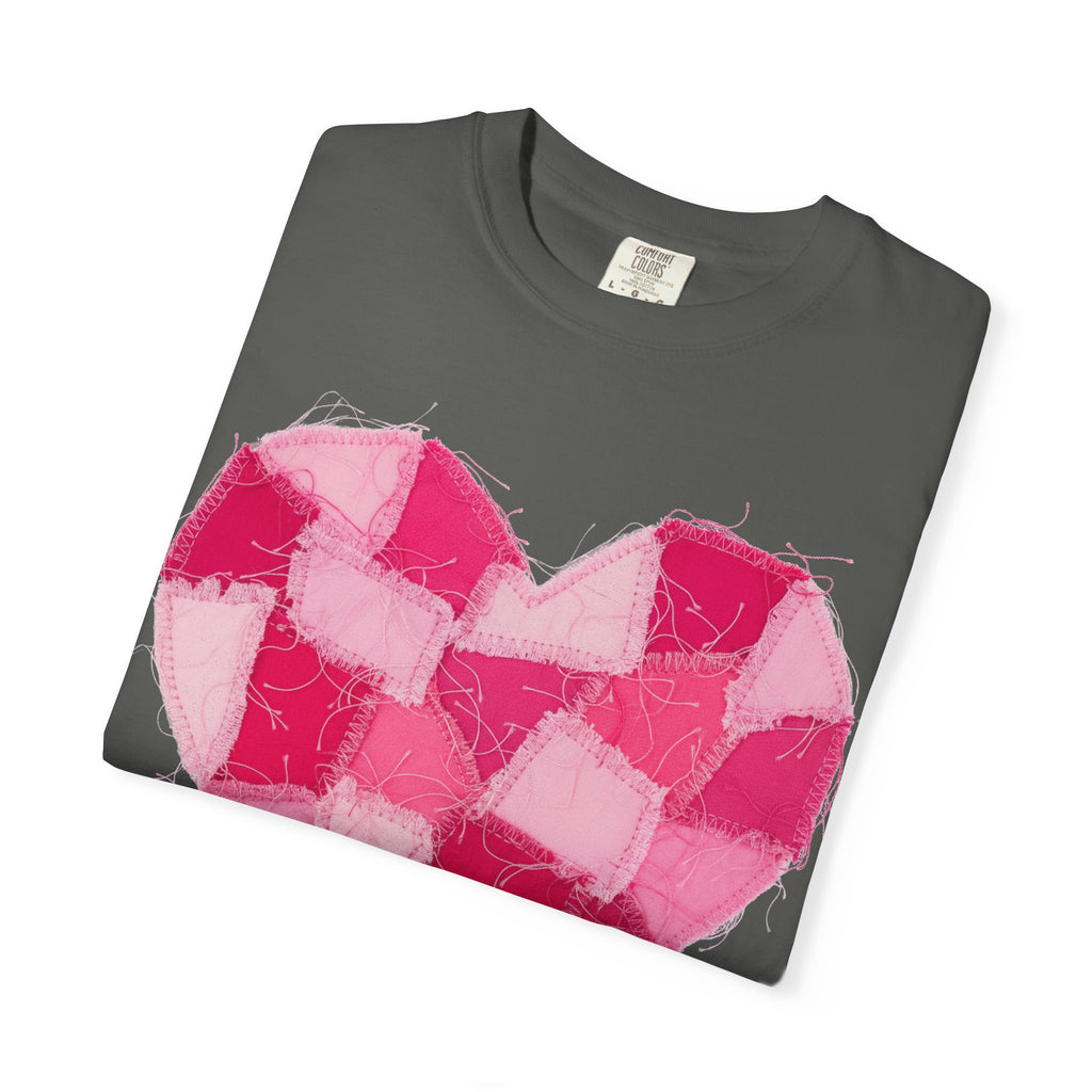 Hot Pink Patchwork Heart Shirt, Checkered Quilt Heart Tee, Frayed Applique Valentine Shirt, Gift For Her