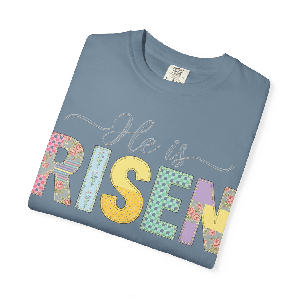 He Is Risen Floral Applique Shirt, Rose Gingham Easter Tee, Christian Patchwork Shirt, Easter Gift