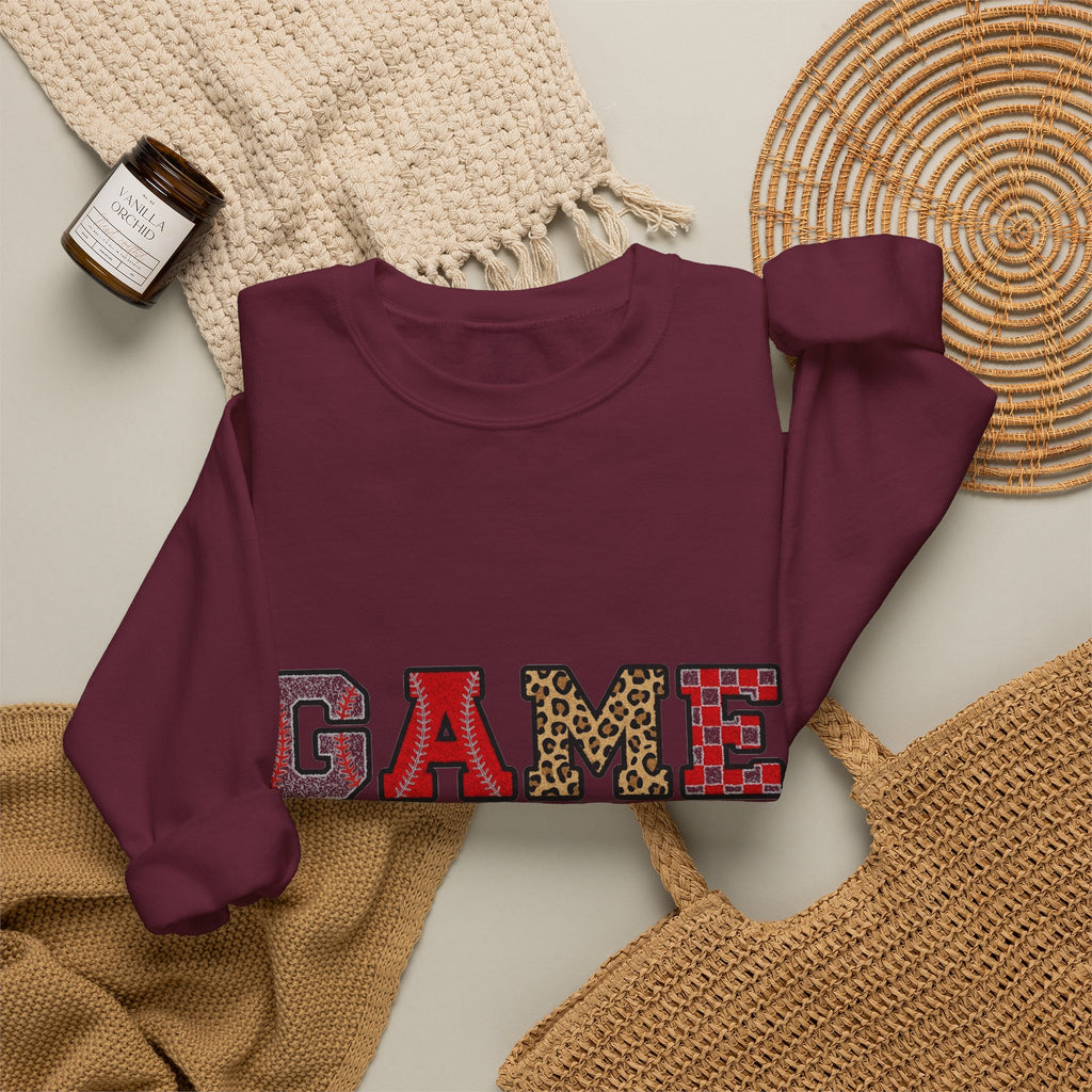 Game Day Sweatshirt, Baseball Leopard Checkered Chenille Letters Sweatshirt, Baseball Mom Sweatshirt, Softball Game Day Gift, Sports Mom Var