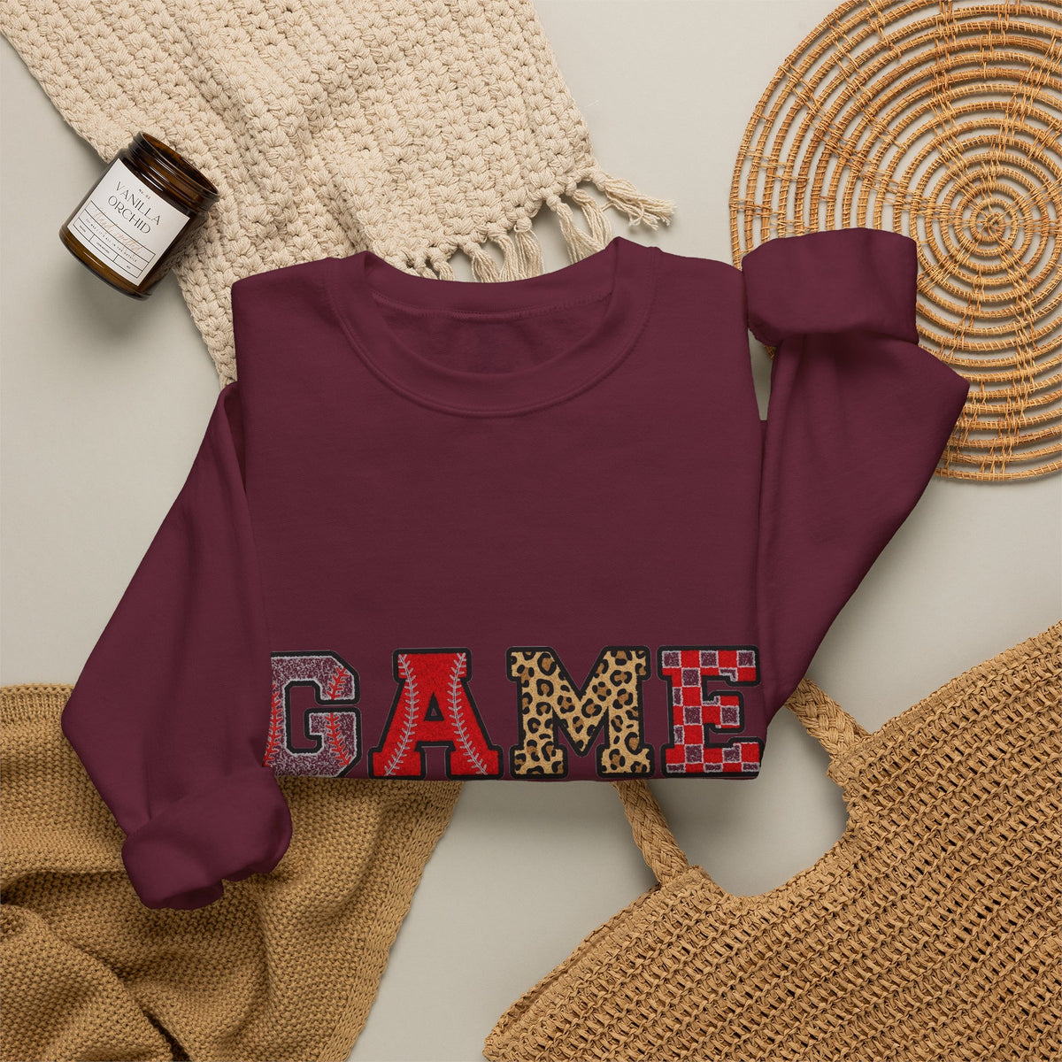 Game Day Sweatshirt, Baseball Leopard Checkered Chenille Letters Sweatshirt, Baseball Mom Sweatshirt, Softball Game Day Gift, Sports Mom Var