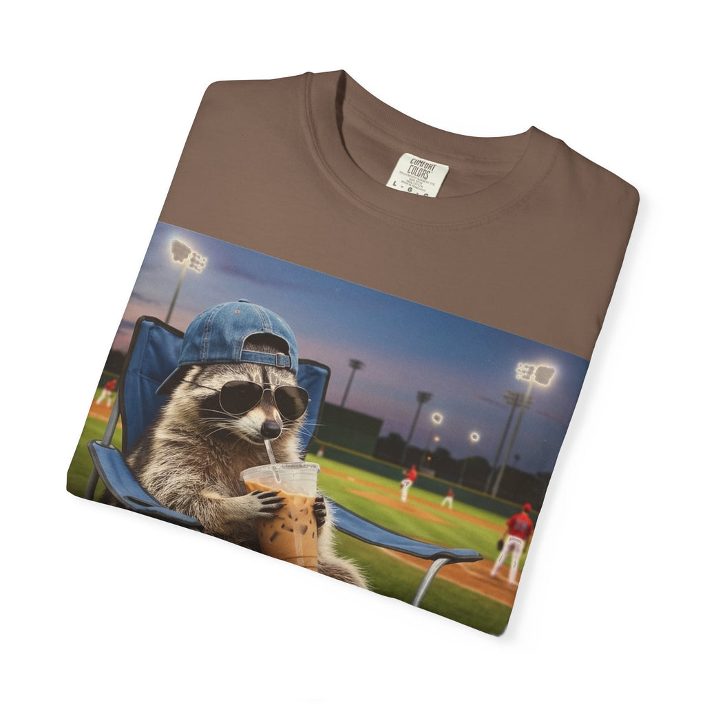 I Live Here Now Baseball Raccoon Shirt, Funny Sports Parent Tee, Iced Coffee Raccoon Shirt, Baseball Mom Gift