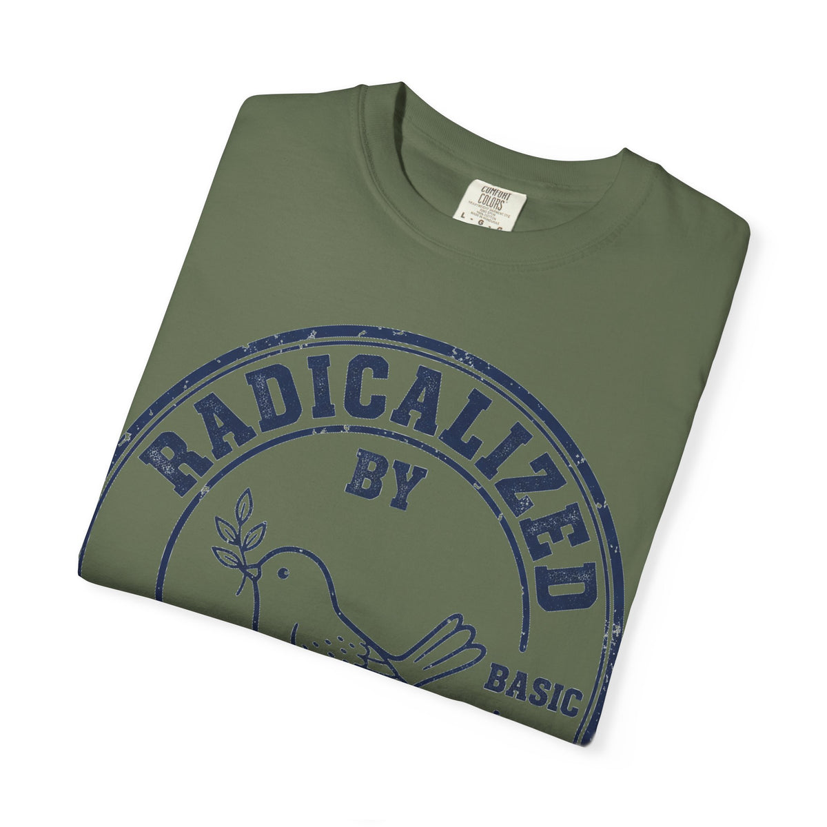 Radicalized By Basic Decency Navy Stamp Shirt, Line Art Dove Badge Tee, Kindness Protest Shirt, Activist Gift