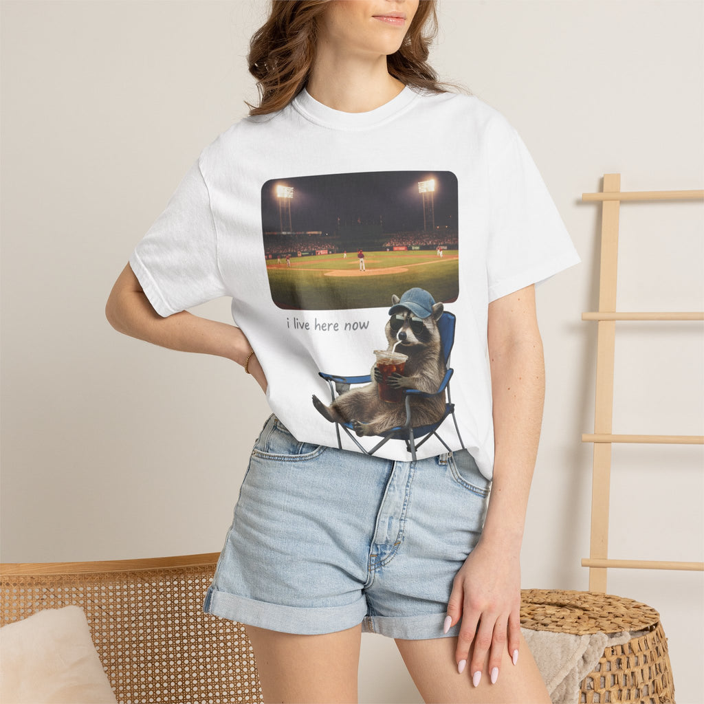 I Live Here Now Ballpark Raccoon Shirt, Funny Baseball Parent Tee, Camp Chair Raccoon Shirt, Sports Mom Gift