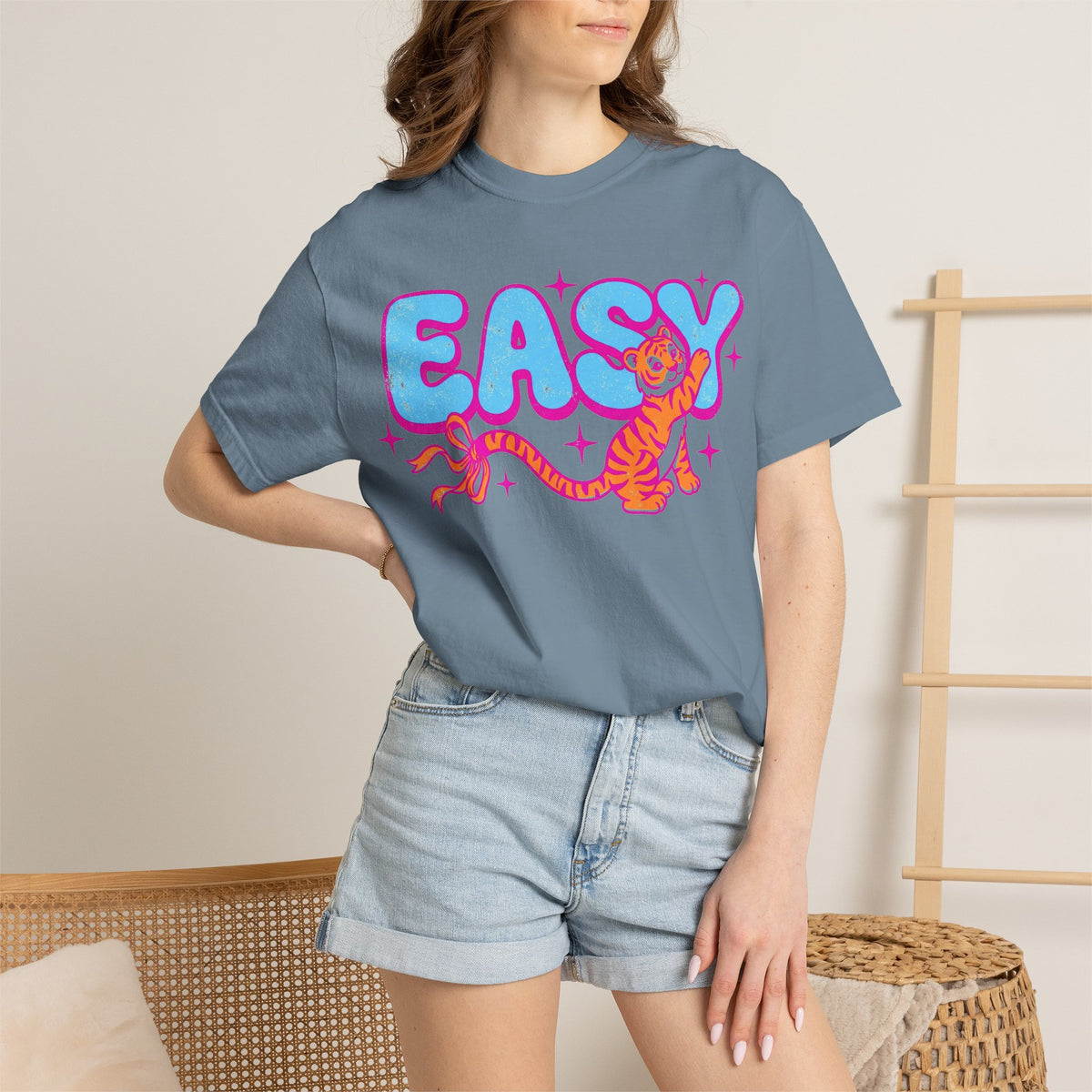 Easy Tiger Bow Shirt, Y2K Cub Bubble Type Tee, Retro Pink Blue Tiger Shirt, Trendy Gift