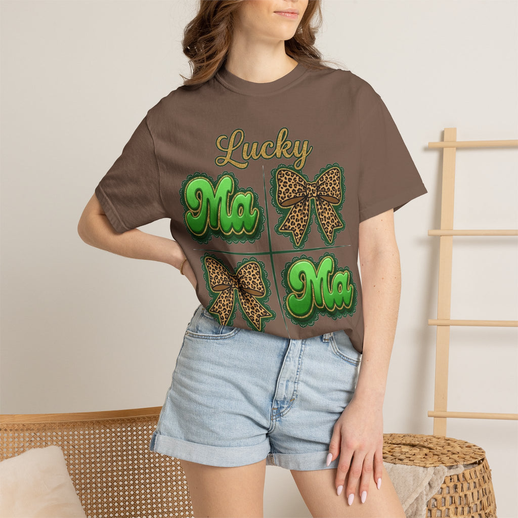 Lucky Mama Shirt, St Patricks Day Leopard Bow Tee, Green Glitter Mama Shirt, Irish Mom Gift