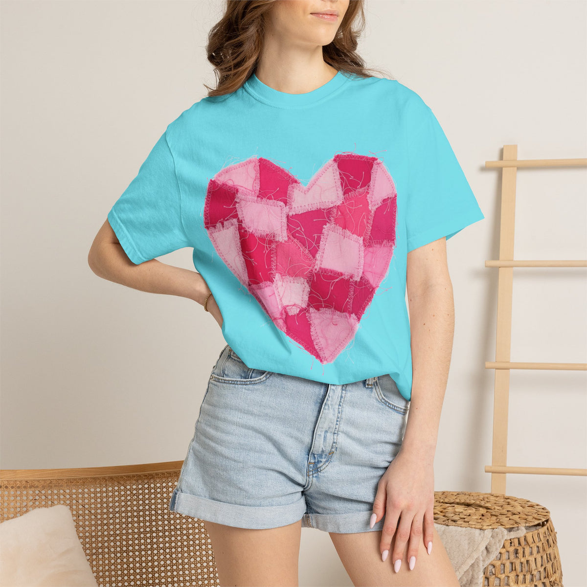 Hot Pink Patchwork Heart Shirt, Checkered Quilt Heart Tee, Frayed Applique Valentine Shirt, Gift For Her