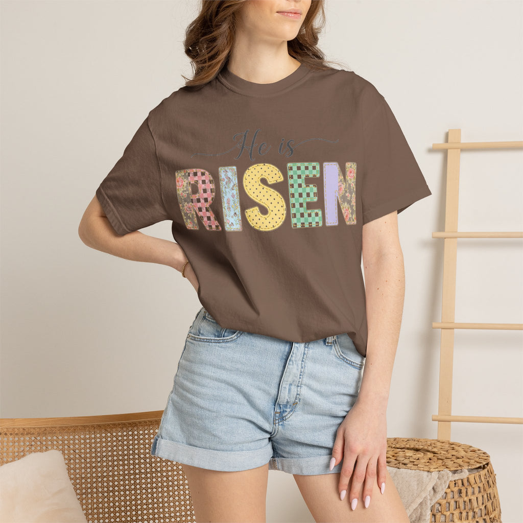 He Is Risen Pastel Patch Shirt, Easter Faux Stitch Letter Tee, Christian Spring Shirt, Easter Gift