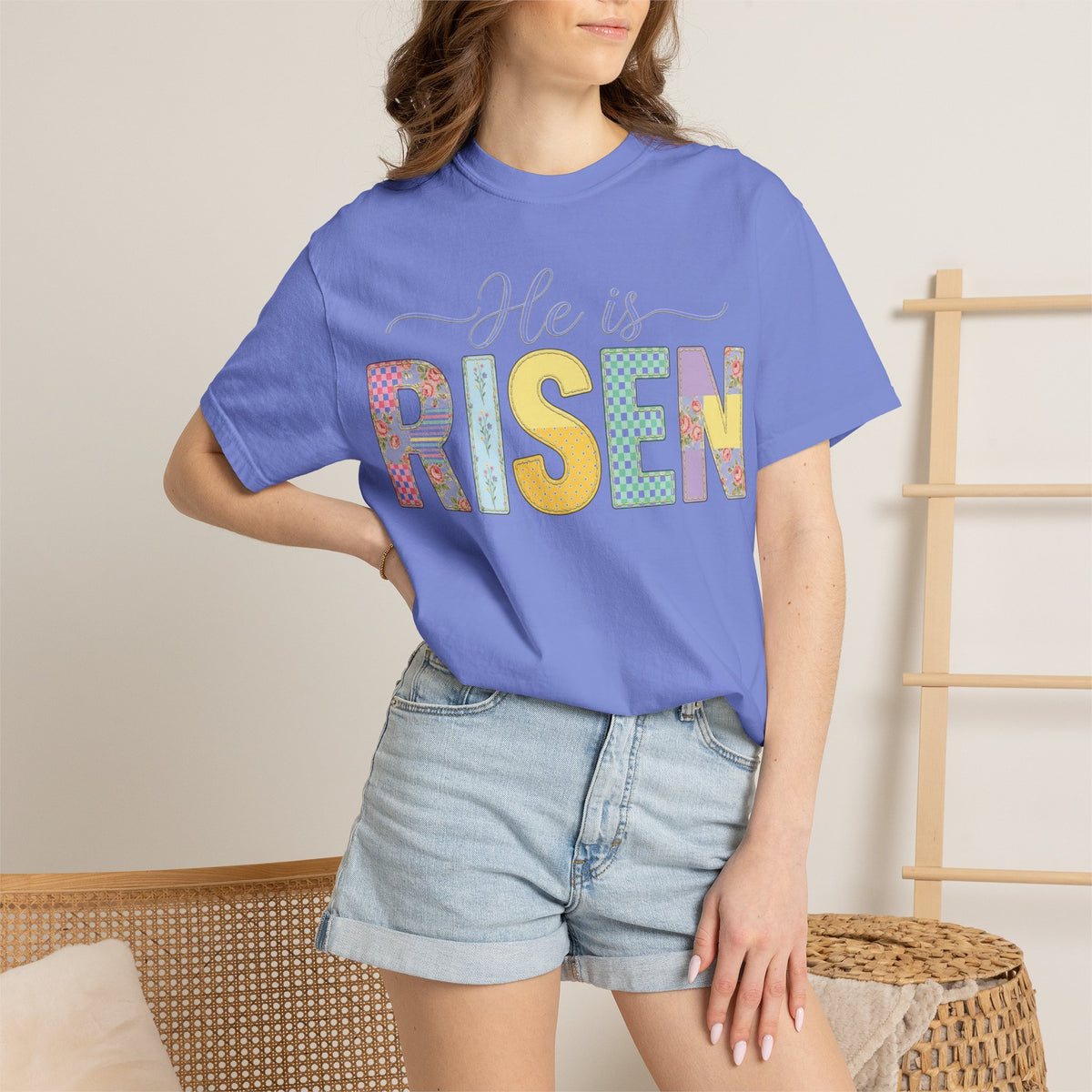 He Is Risen Floral Applique Shirt, Rose Gingham Easter Tee, Christian Patchwork Shirt, Easter Gift