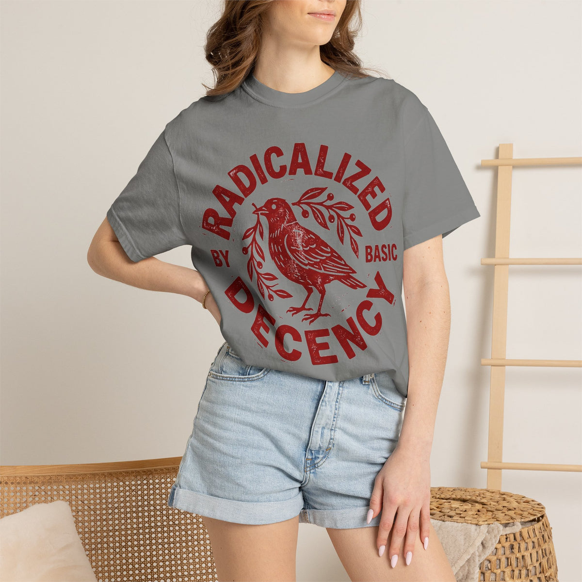 Radicalized By Basic Decency Red Bird Shirt, Folk Stamp Activist Tee, Kindness Protest Shirt, Ally Gift