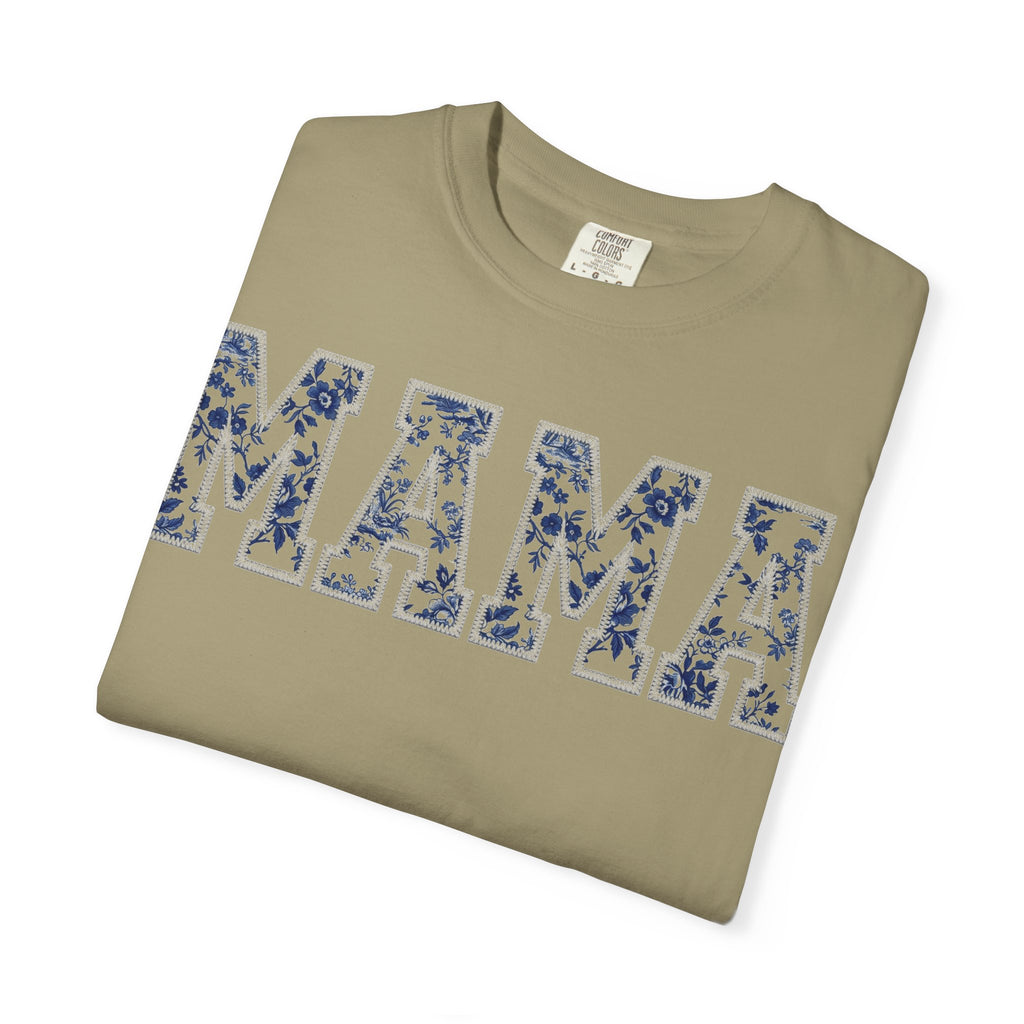 Mama Blue Toile Shirt, Delft Floral Applique Varsity Tee, Chinoiserie Mom Shirt, Mothers Day Gift