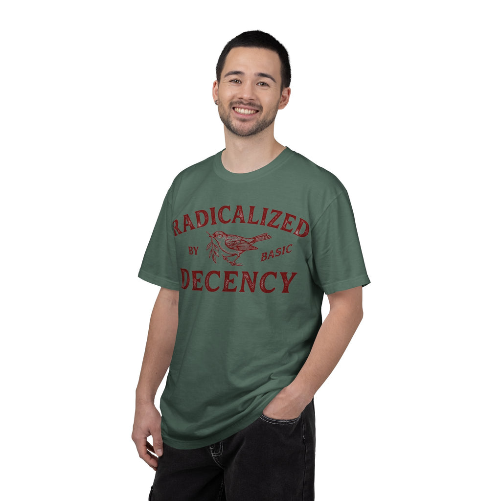 Radicalized By Basic Decency Bold Shirt, Engraved Bird Typography Tee, Kindness Statement Shirt, Protest Gift