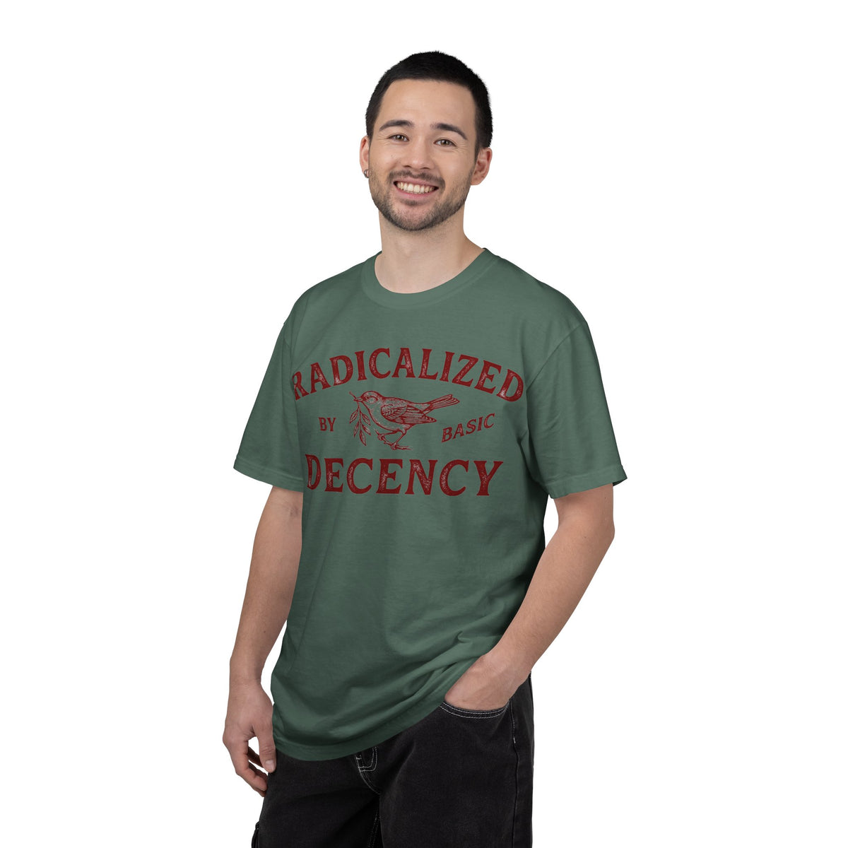 Radicalized By Basic Decency Bold Shirt, Engraved Bird Typography Tee, Kindness Statement Shirt, Protest Gift