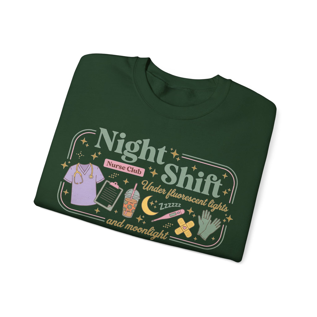 Night Shift Nurse Club Sweatshirt, Under Fluorescent Lights And Moonlight Sweatshirt, Retro Nurse Gift, Night Nurse Scrubs Doodle Sweatshirt