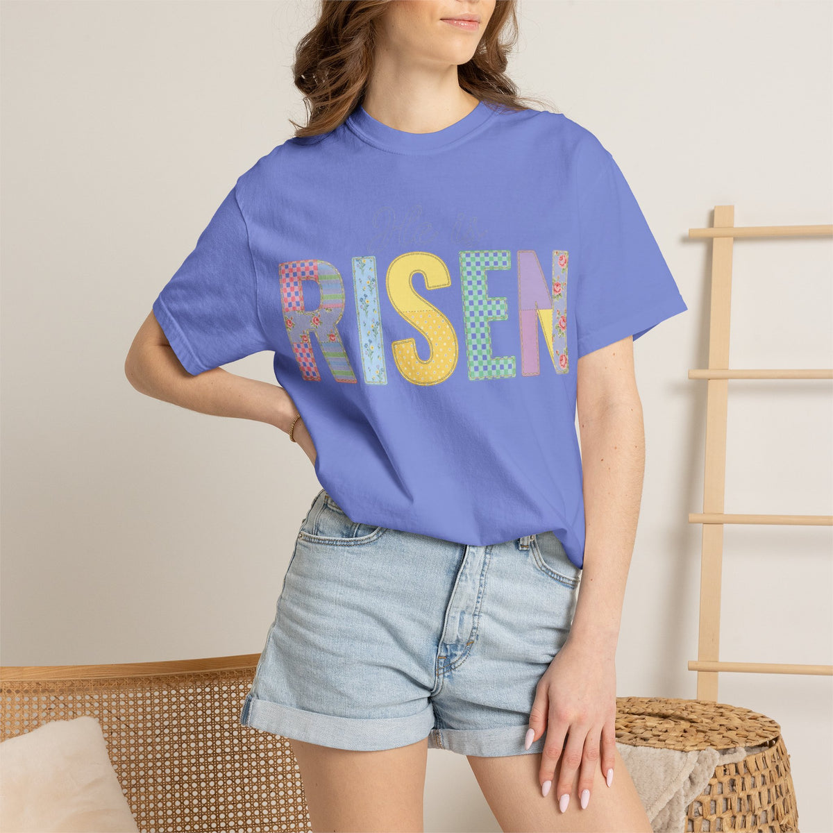 He Is Risen Patchwork Shirt, Faux Applique Easter Tee, Gingham Floral Christian Shirt, Easter Gift