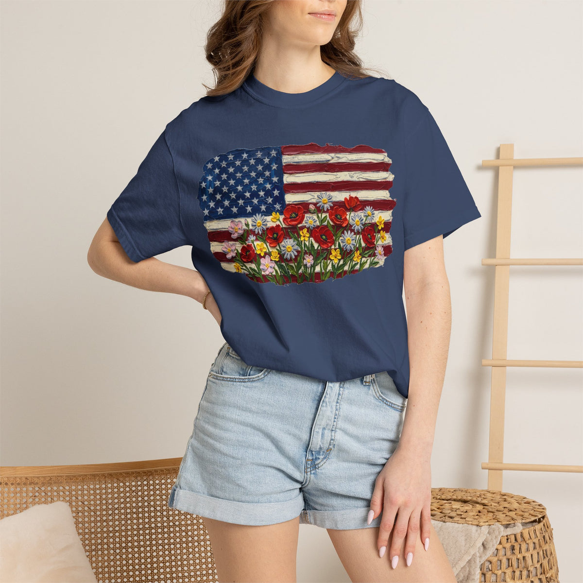 Impasto American Flag Wildflowers Shirt, Painted Flag Floral Tee, Patriotic Garden Shirt, Fourth Of July Gift