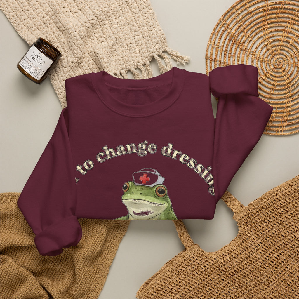 Off To Change Dressings Frog Nurse Sweatshirt, Wound Care Nurse Sweatshirt, Funny Frog Scooter Nurse Gift, Vintage RN Humor Sweatshirt, Scru