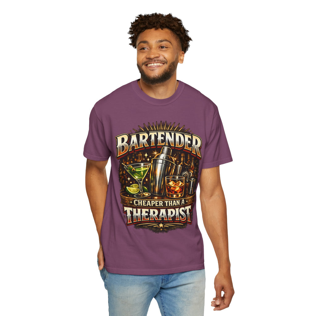 Bartender T-Shirt — "Bartender: Cheaper Than a Therapist" Vintage Bar Graphic Tee