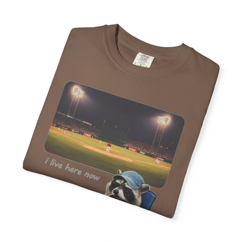 I Live Here Now Ballpark Raccoon Shirt, Funny Baseball Parent Tee, Camp Chair Raccoon Shirt, Sports Mom Gift