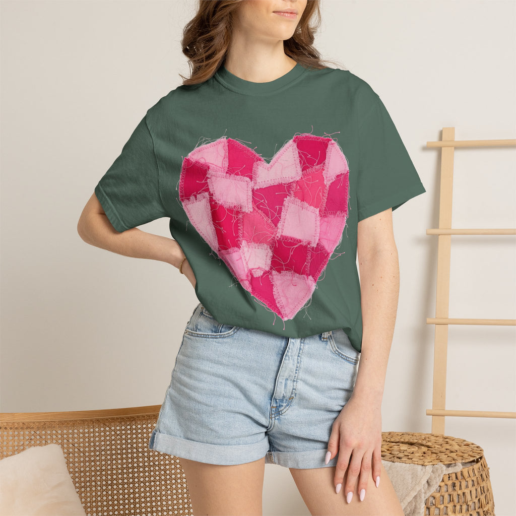 Hot Pink Patchwork Heart Shirt, Checkered Quilt Heart Tee, Frayed Applique Valentine Shirt, Gift For Her