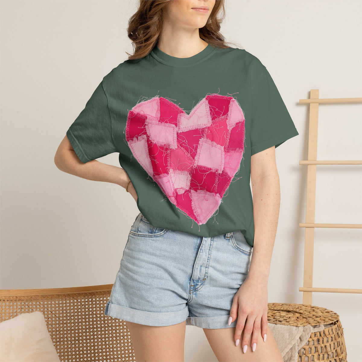 Hot Pink Patchwork Heart Shirt, Checkered Quilt Heart Tee, Frayed Applique Valentine Shirt, Gift For Her