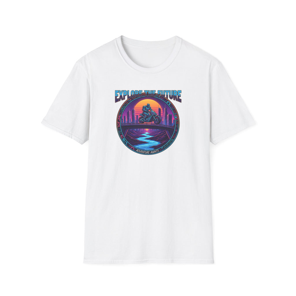T-Shirt — "Explore the Future" Retro Sunset City Graphic