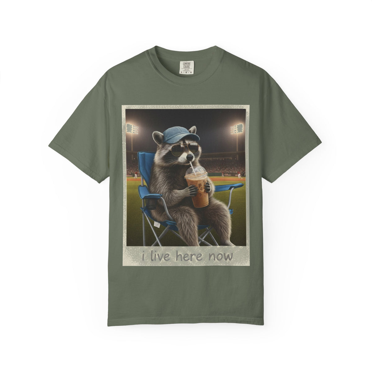 Baseball Raccoon Shirt, I Live Here Now Tee, Funny Ballpark Iced Coffee Shirt, Baseball Mom Gift