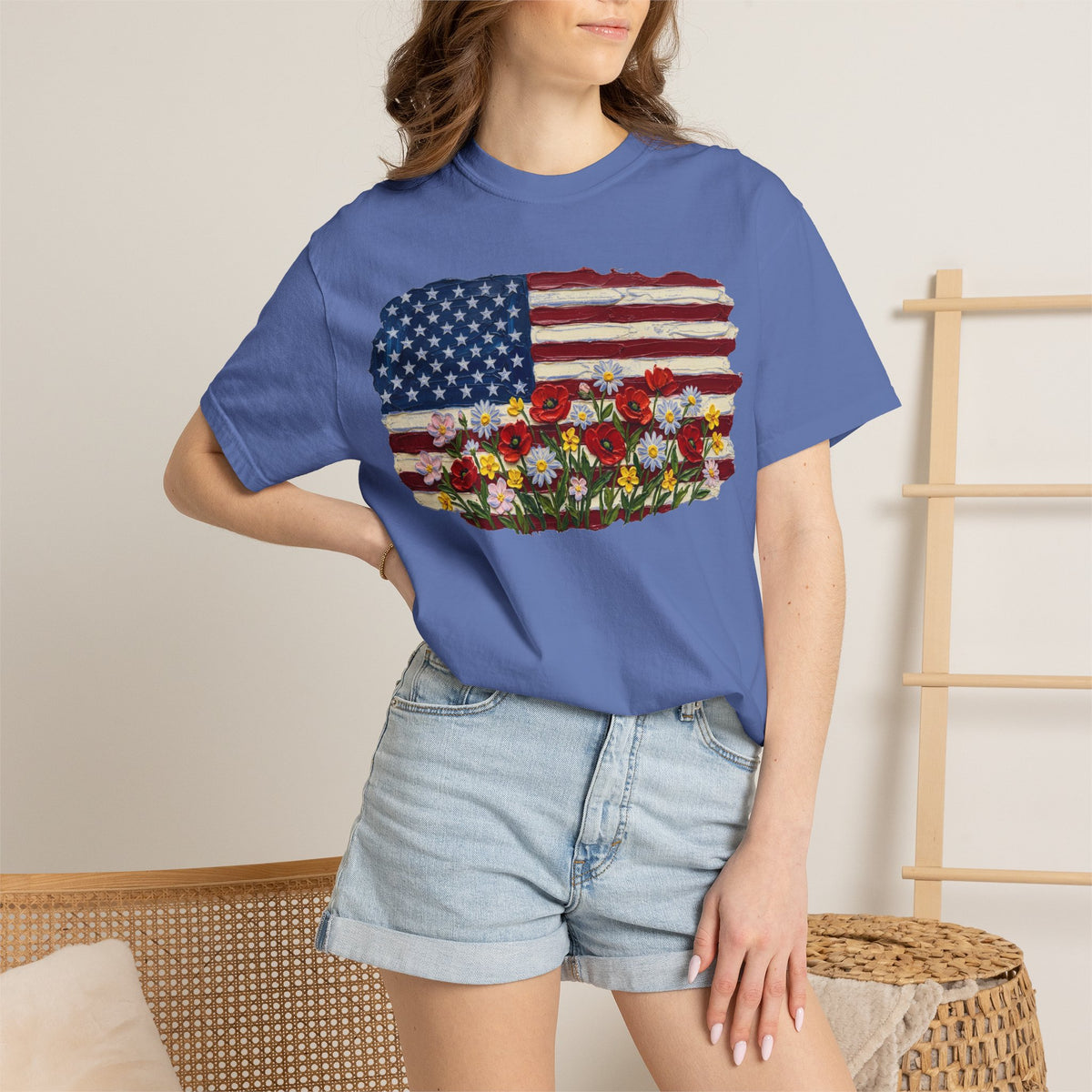Impasto American Flag Wildflowers Shirt, Painted Flag Floral Tee, Patriotic Garden Shirt, Fourth Of July Gift